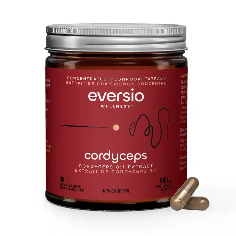 A glass jar of Cordyceps 8:1 extract capsules, showing a convenient way to manage your mushroom daily dose.