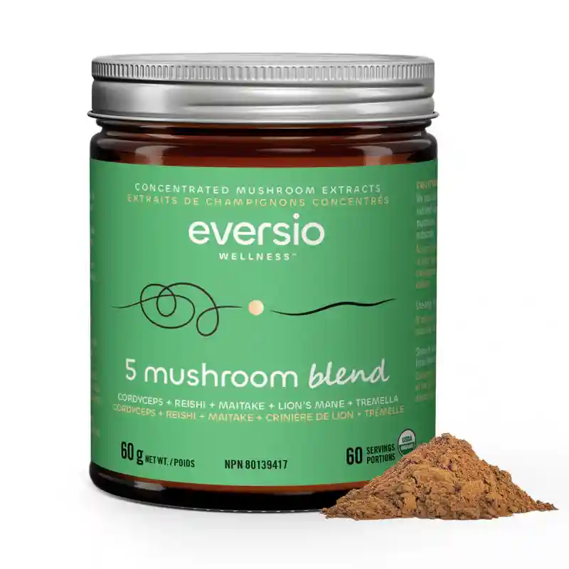 Eversio 5 Mushroom Blend jar and powder, illustrating a finished product made from pure fruiting body extracts, central to the mycelium vs fruiting body debate. Eversio 5 Mushroom Blend jar and powder, illustrating a finished product made from pure fruiting body extracts, central to the mycelium vs fruiting body debate.