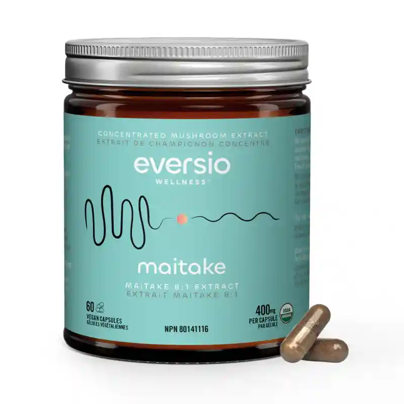 The official product bottle of Eversio Wellness Maitake Capsules, displayed on a clean, neutral background. - maitake mushroom extract weight loss dosage