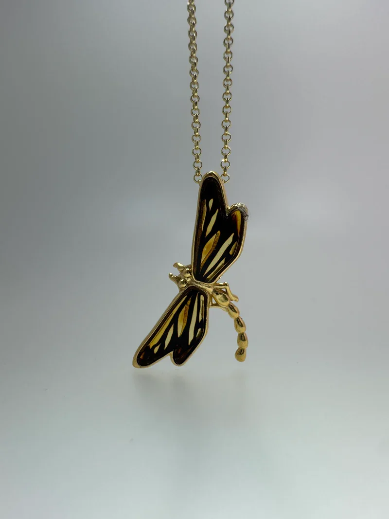 Handcrafted dragonfly amber brooch - amber silver brooch