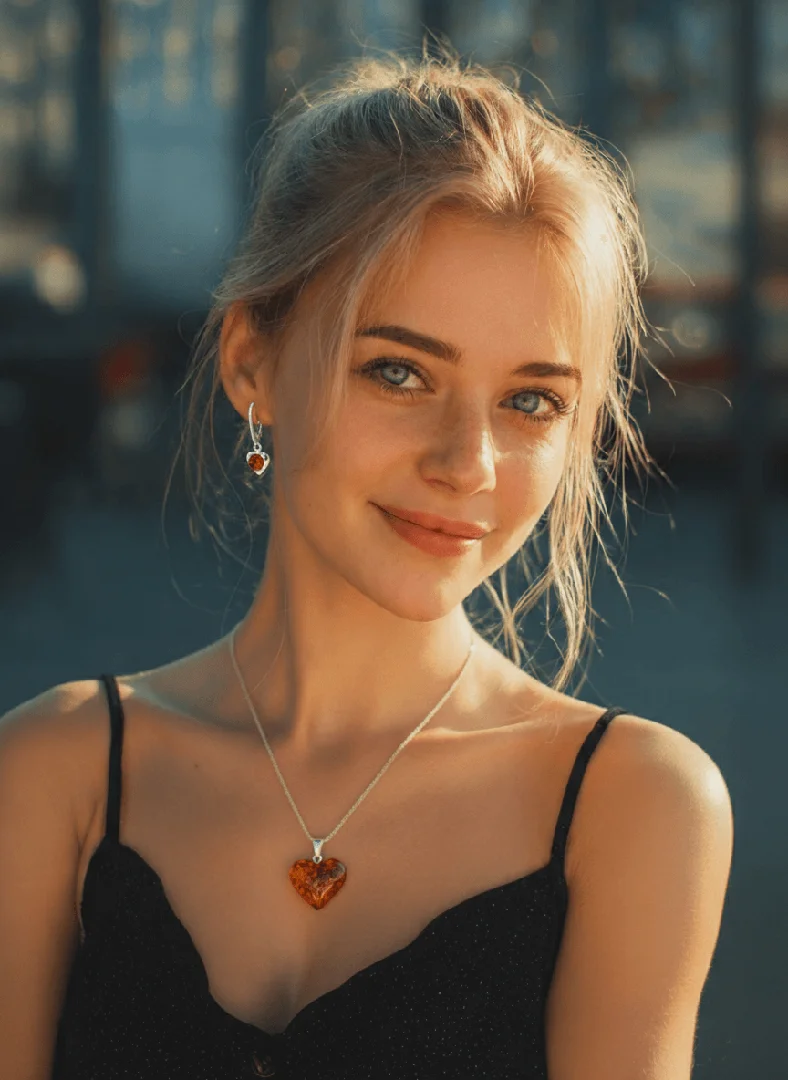 A woman wearing a coordinated cognac amber set including a necklace and matching earrings - amber jewelry set