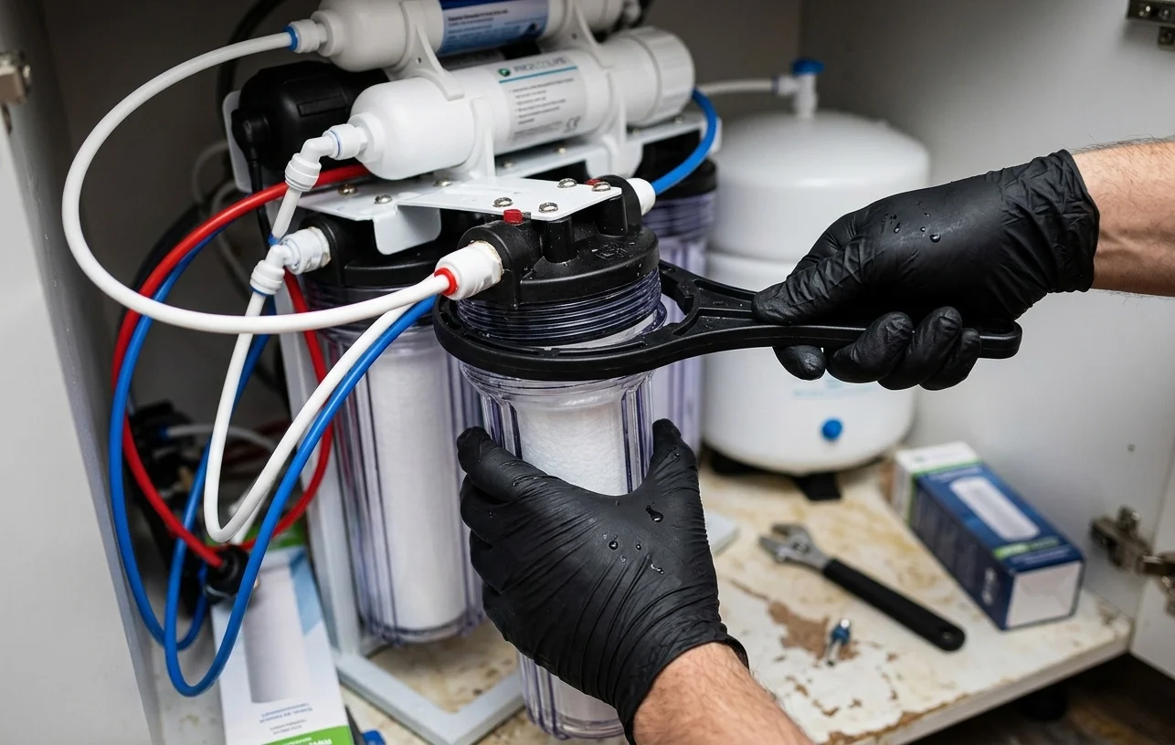 Professional technician performing routine water filter cartridge replacement
