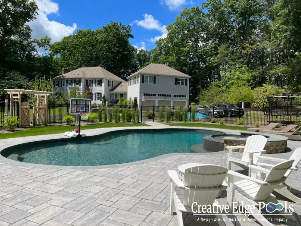 pool deck with an integrated fire pit and cozy seating area - deck ideas with pool