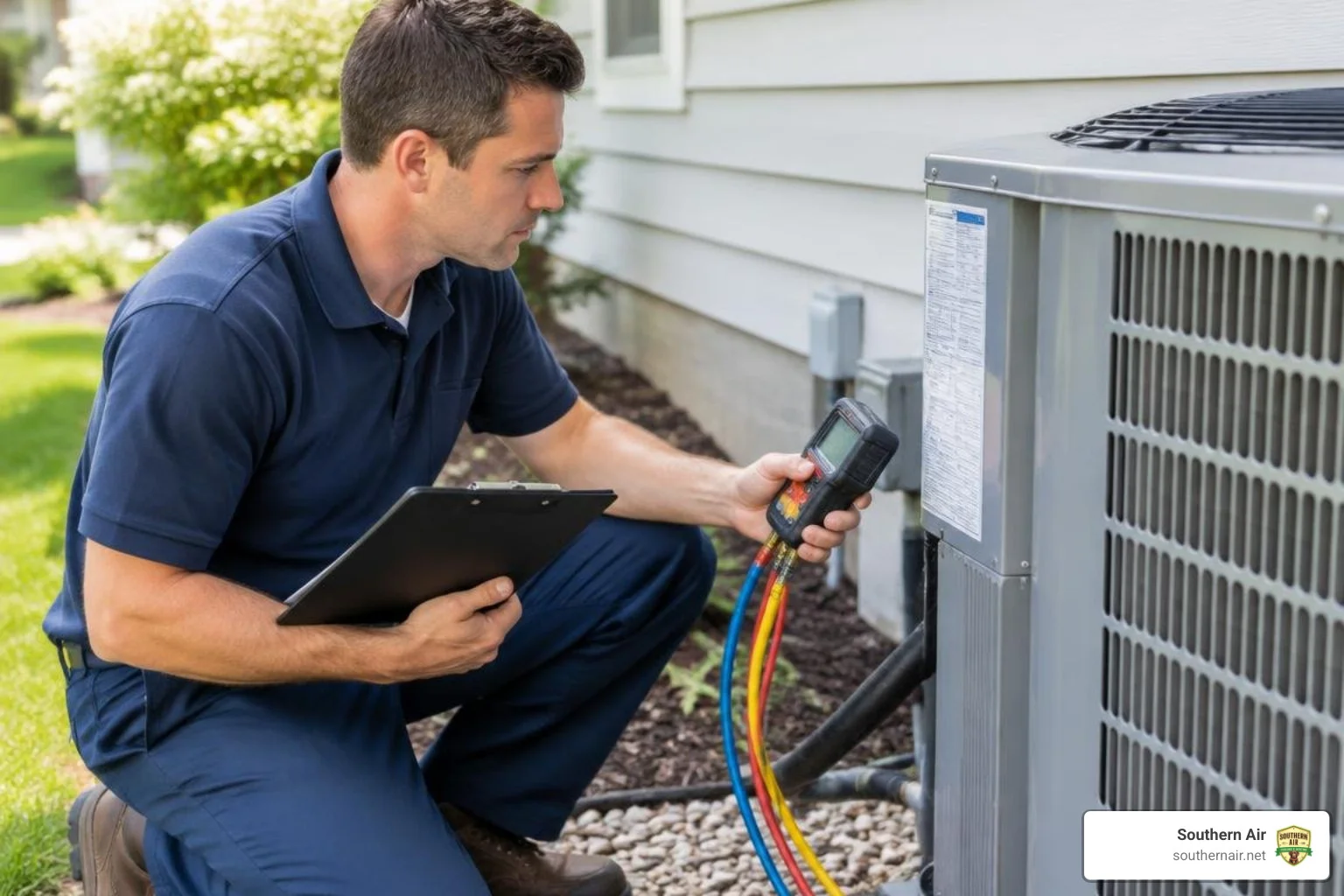 HVAC technician servicing a residential outdoor AC unit HVAC technician servicing a residential outdoor AC unit