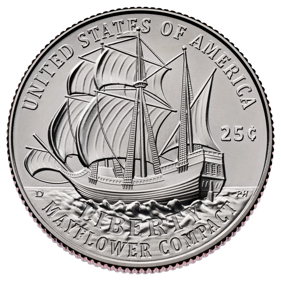 Historically accurate depiction of the 2026 Mayflower Compact Quarter showing the ship on the reverse and dual dates - 2026