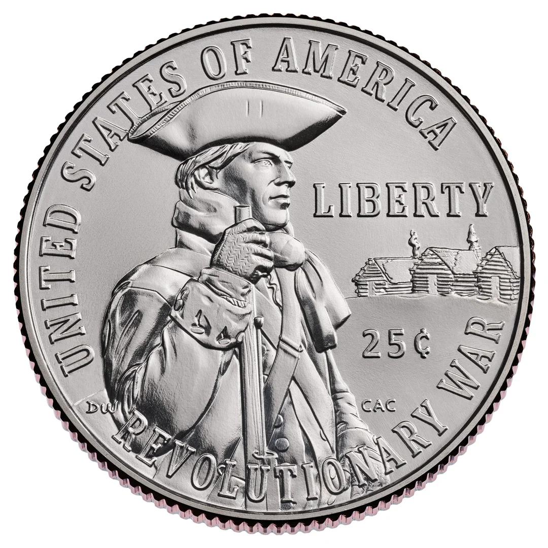 2026-S Revolutionary War Silver Proof Quarter showing George Washington on the obverse and a battle scene on the reverse 2026-S Revolutionary War Silver Proof Quarter showing George Washington on the obverse and a battle scene on the reverse