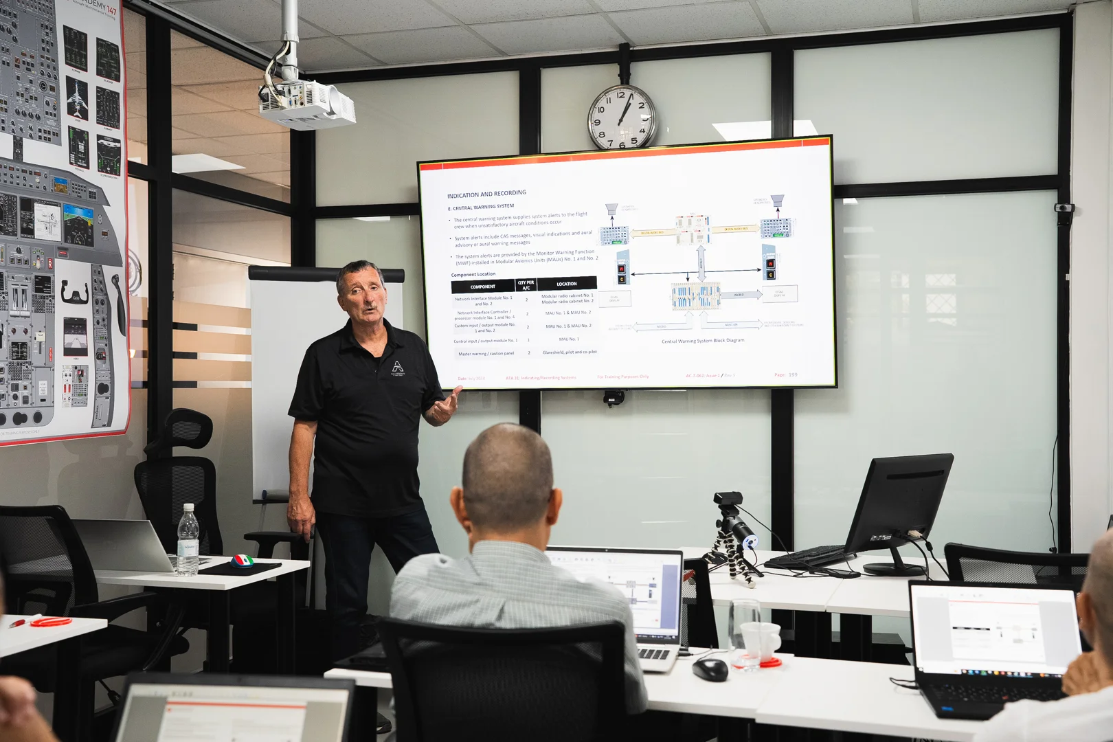 Aviation technicians in a classroom setting learning about Falcon 2000 systems