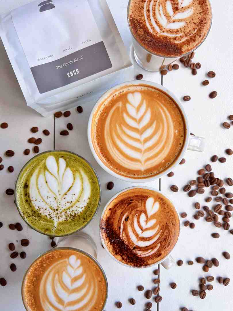 Different coffee types including Latte, Long Black, and Batch Brew.