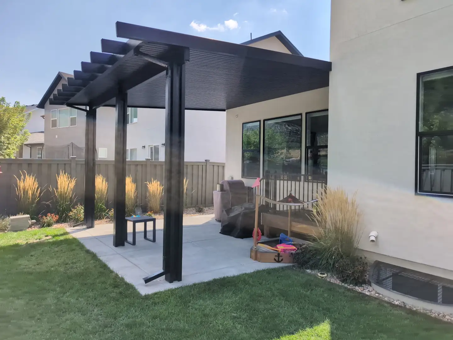 completed modern pergola in a beautiful Utah backyard completed modern pergola in a beautiful Utah backyard