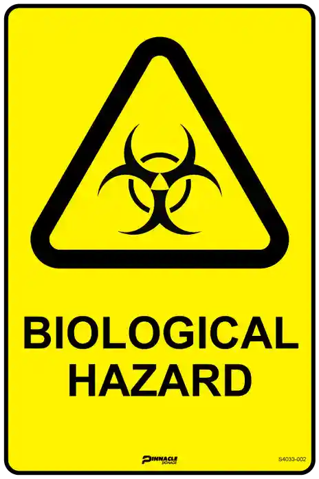 Prominent warning bio security sign indicating a biological hazard, essential for high-risk areas and site safety. Prominent warning bio security sign indicating a biological hazard, essential for high-risk areas and site safety.