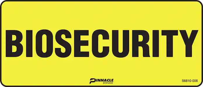 High-contrast horizontal yellow sign with bold black text reading "BIOSECURITY," functioning as a warning bio security sign. High-contrast horizontal yellow sign with bold black text reading "BIOSECURITY," functioning as a warning bio security sign.