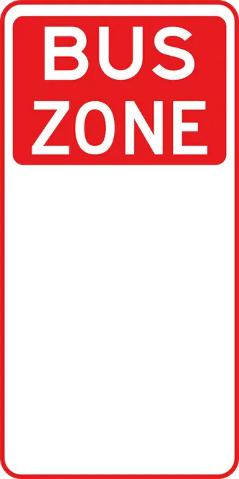 A rectangular regulatory sign with a red "BUS ZONE" header and a white lower section, a common type of bus lane signage.