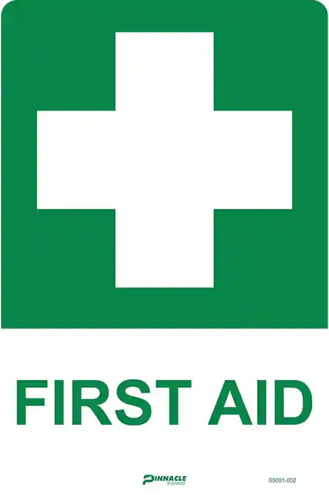 High-visibility Pinnacle Signage placard with a universal medical cross symbol, suitable for a first aid aed sign location.