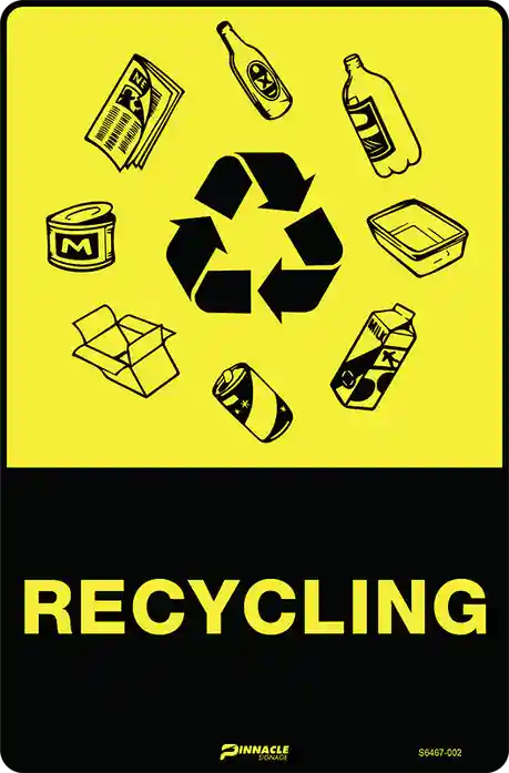High-visibility yellow recycling sign featuring graphic icons for various waste materials, a key component for organised recycling area signs.