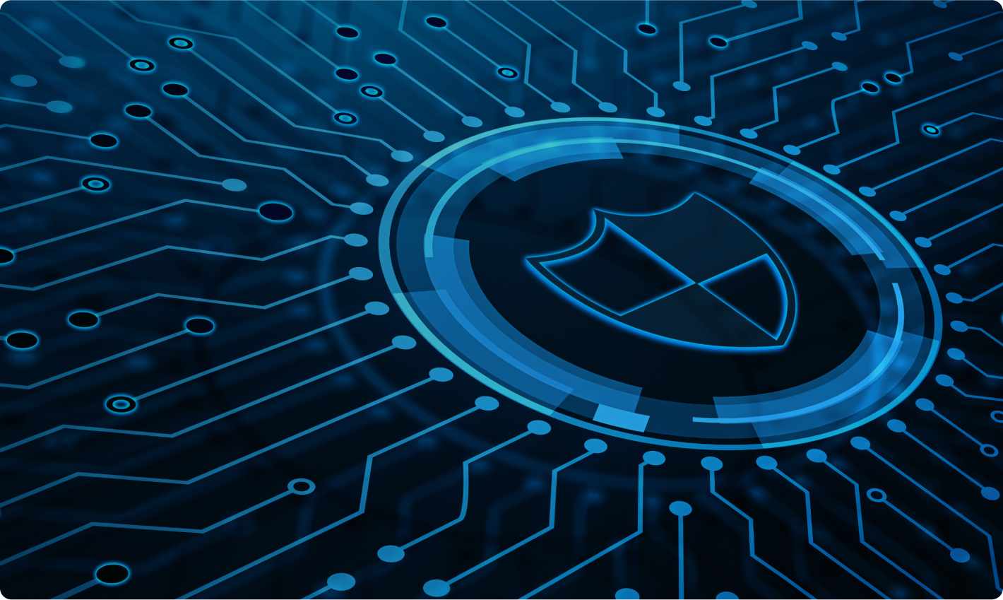 A shield icon overlaying a network diagram, representing data security and compliance within a federated environment - defense health agency data platform