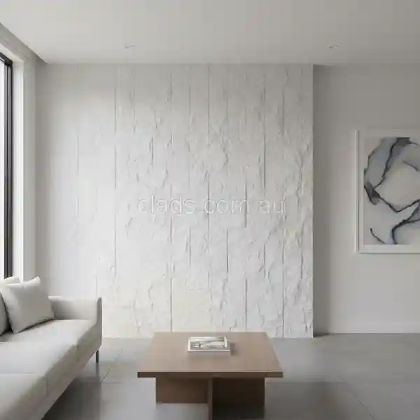 Minimalist living area showcasing a dramatic white stacked stone wall panels interior feature, providing texture and sophisticated contrast