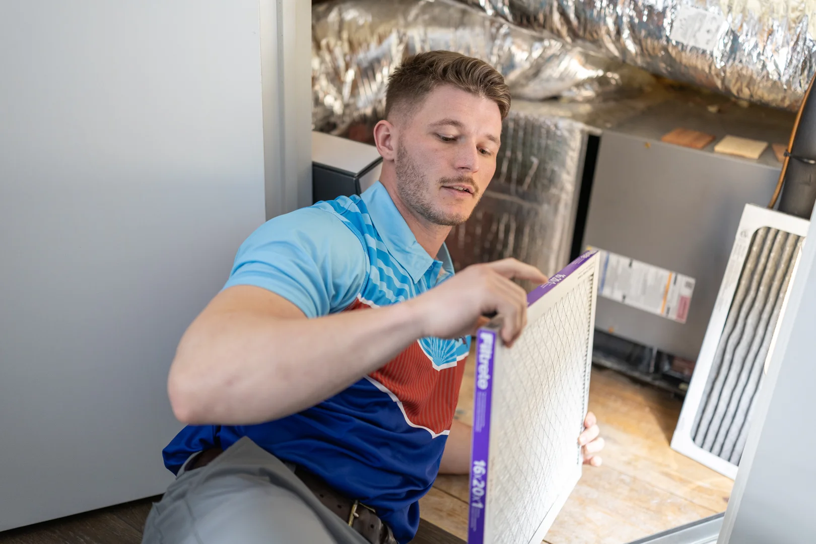Clean vs dirty air filters showing dust buildup Clean vs dirty air filters showing dust buildup
