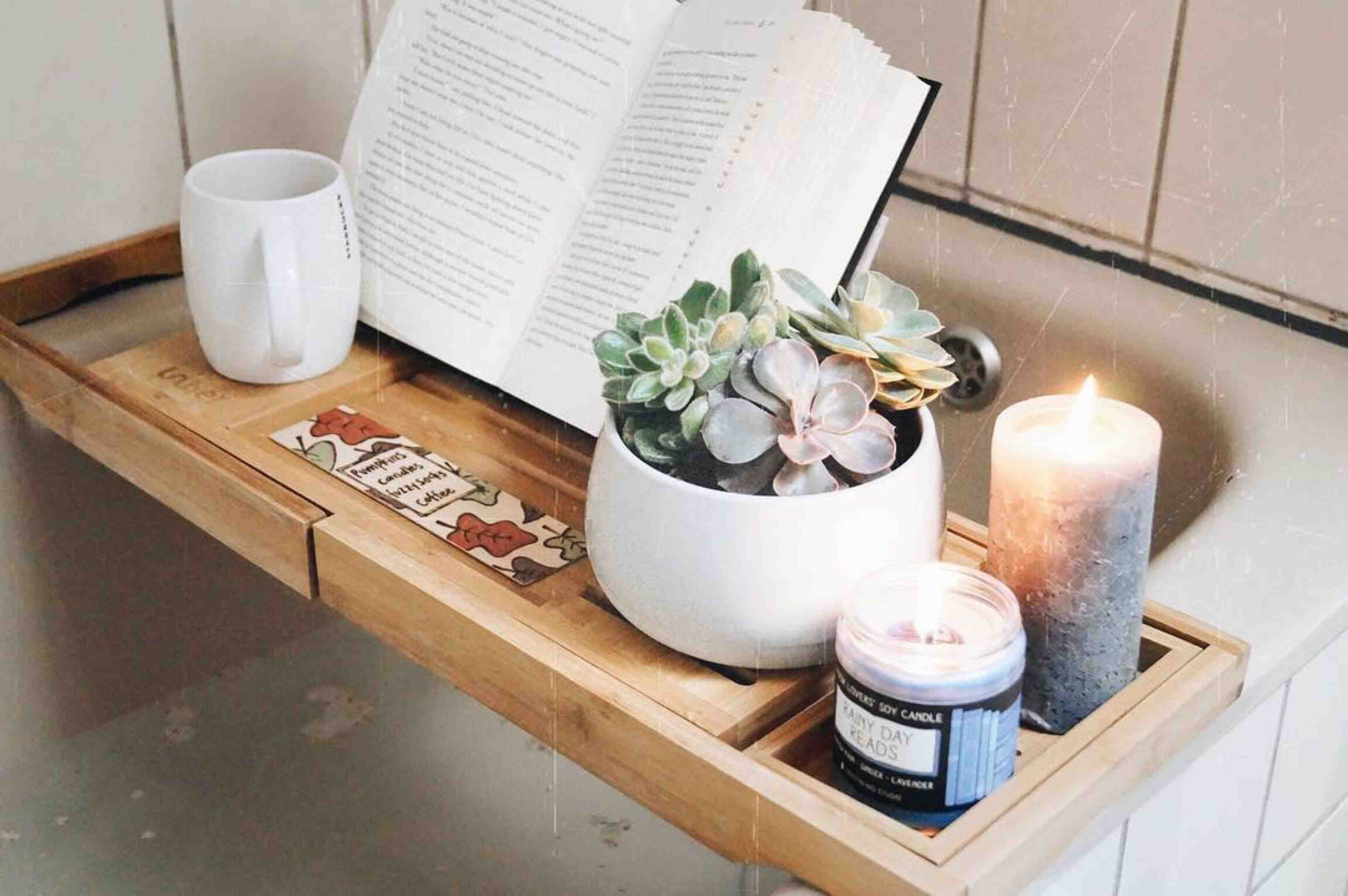 Bath Tray with Book and Candle - reading in the bath