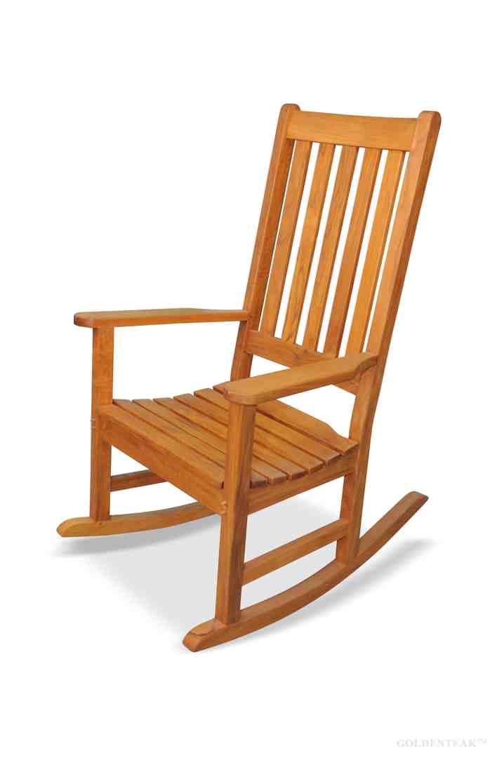 A beautifully crafted premium teak rocking chair resting on a sunlit deck A beautifully crafted premium teak rocking chair resting on a sunlit deck