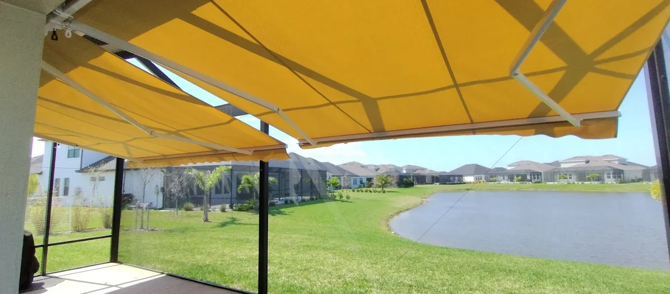 Retractable awning installed with a residential exterior Retractable awning installed with a residential exterior