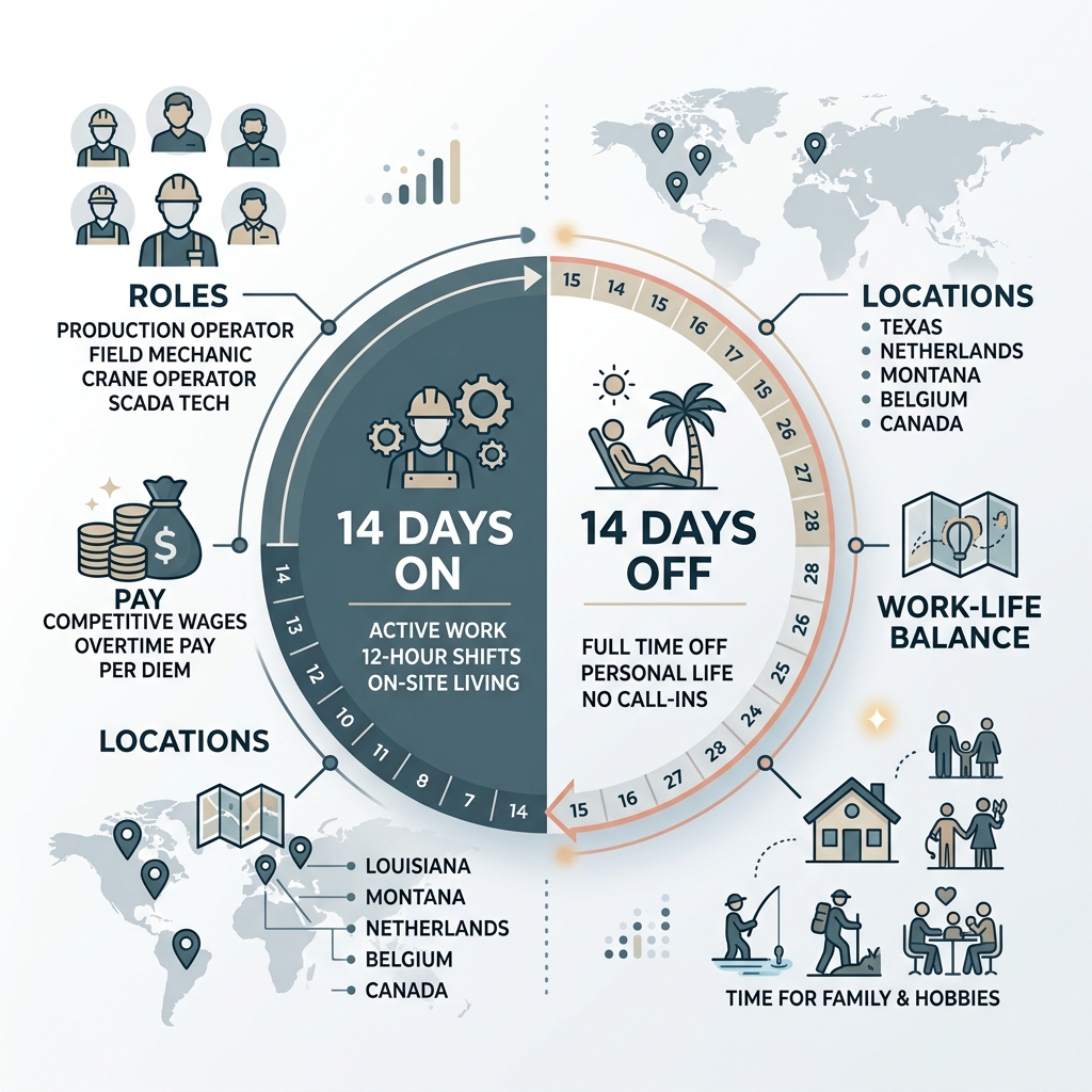 Infographic showing the 14 days on and 14 days off rotation cycle with roles, pay, and locations - 14/14 rotation jobs