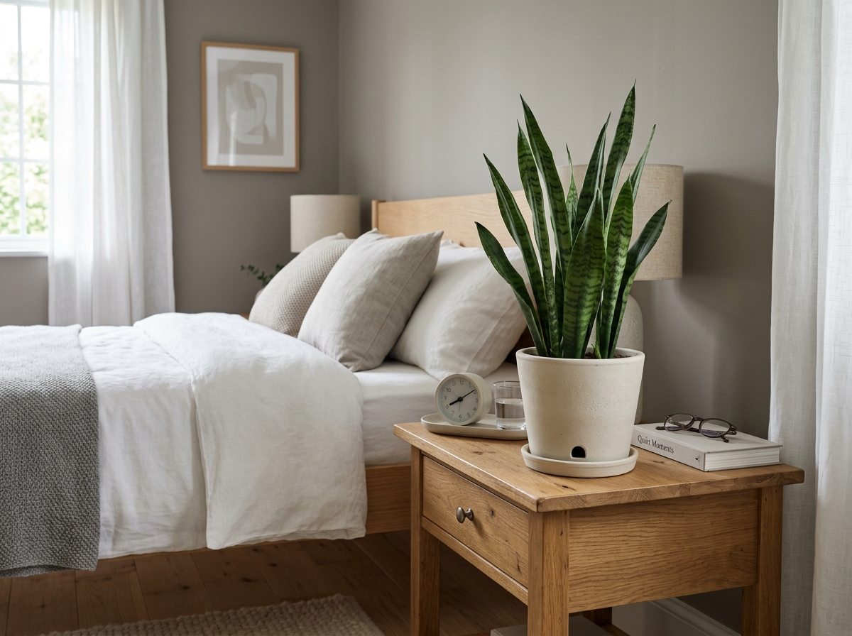 A Snake Plant placed on a nightstand in a calm, modern bedroom - air cleaning plants low light