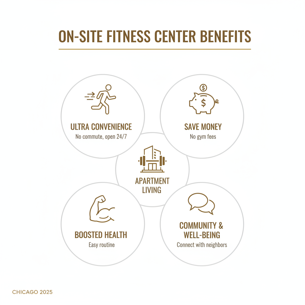 Infographic explaining the benefits of having an on-site fitness center - Apartments with fitness center Chicago infographic