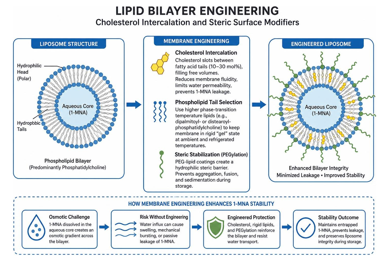 Diagram of lipid bilayer engineering featuring cholesterol intercalation and steric surface modifiers