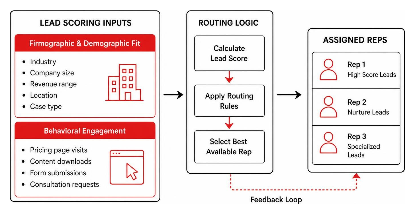 Diagram showing automated lead scoring inputs passing through routing logic to assigned reps Diagram showing automated lead scoring inputs passing through routing logic to assigned reps