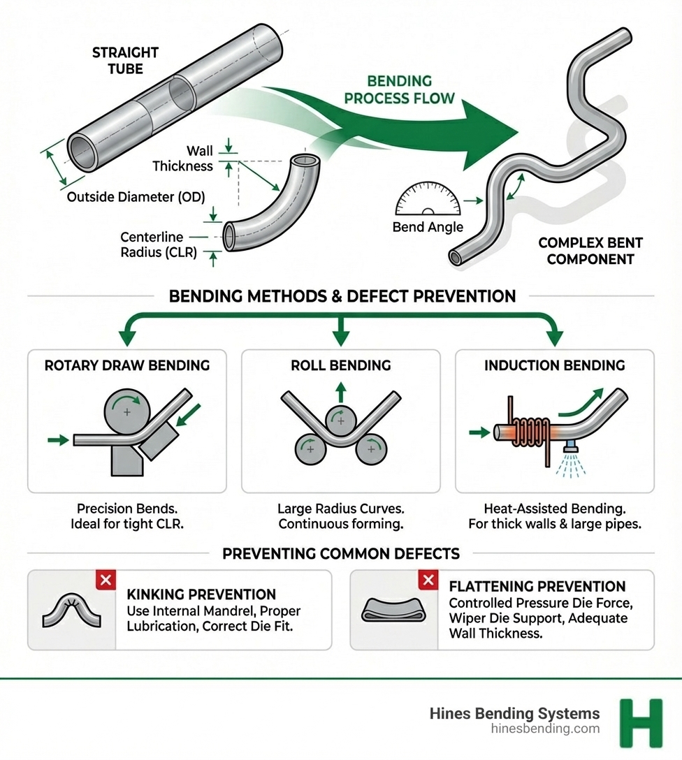Detailed infographic showing the transformation of a straight metal tube into a complex bent component, illustrating key specifications including Outside Diameter (OD), Centerline Radius (CLR), wall thickness, bend angle, and the different bending methods such as rotary draw, roll bending, and induction bending, with arrows showing the bending process flow and callouts for preventing common defects like kinking and flattening - pipe & tube benders infographic 