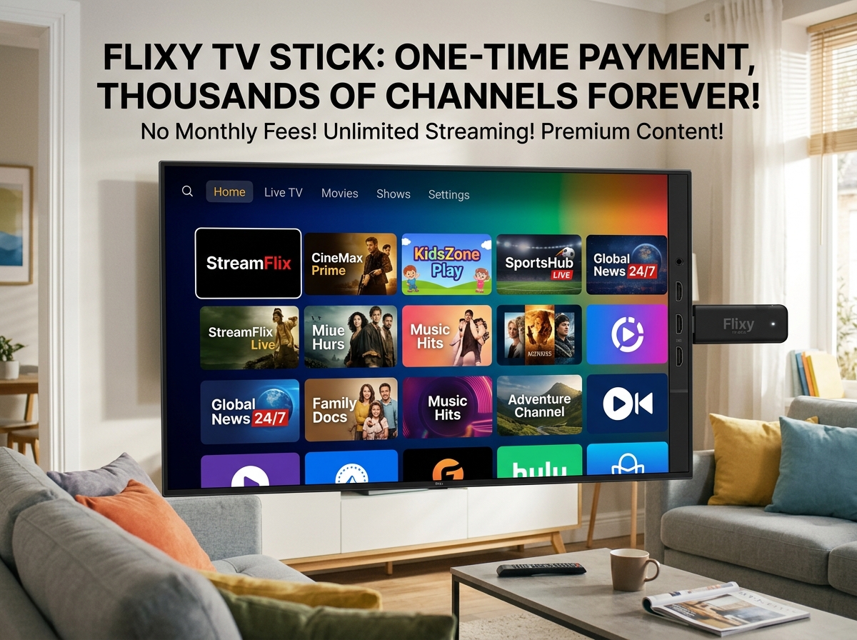 Promotional ad for Flixy TV Stick showing fake free channels - flix stick scam