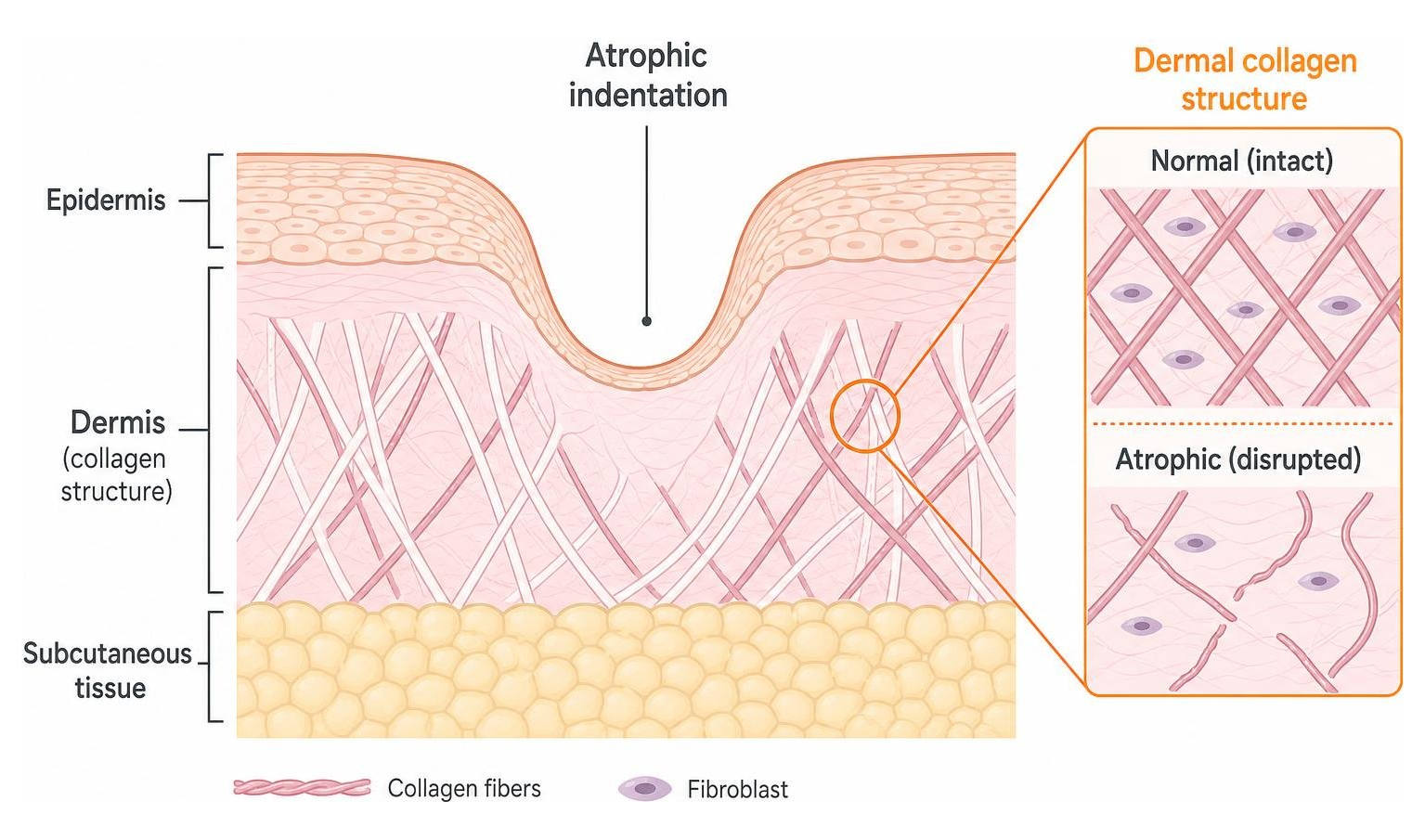 Stippled diagram of a skin cross-section showing dermal collagen structure and atrophic indentation Stippled diagram of a skin cross-section showing dermal collagen structure and atrophic indentation