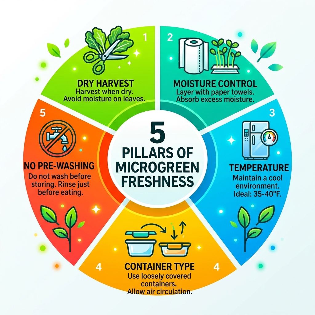 5 pillars of microgreen freshness: dry harvest, moisture control, temperature, container type, no pre-washing - microgreens