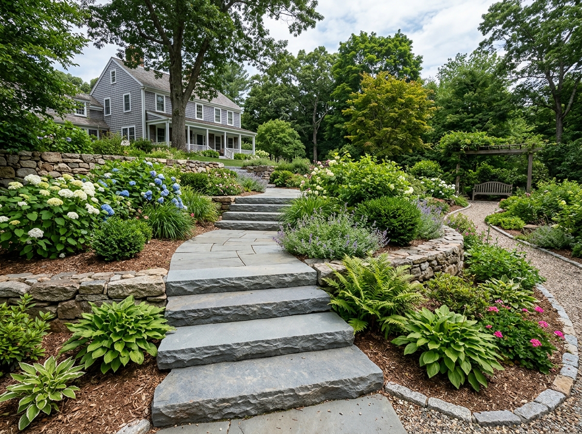 Bespoke bluestone curved steps with a natural cleft finish - curved stone steps design