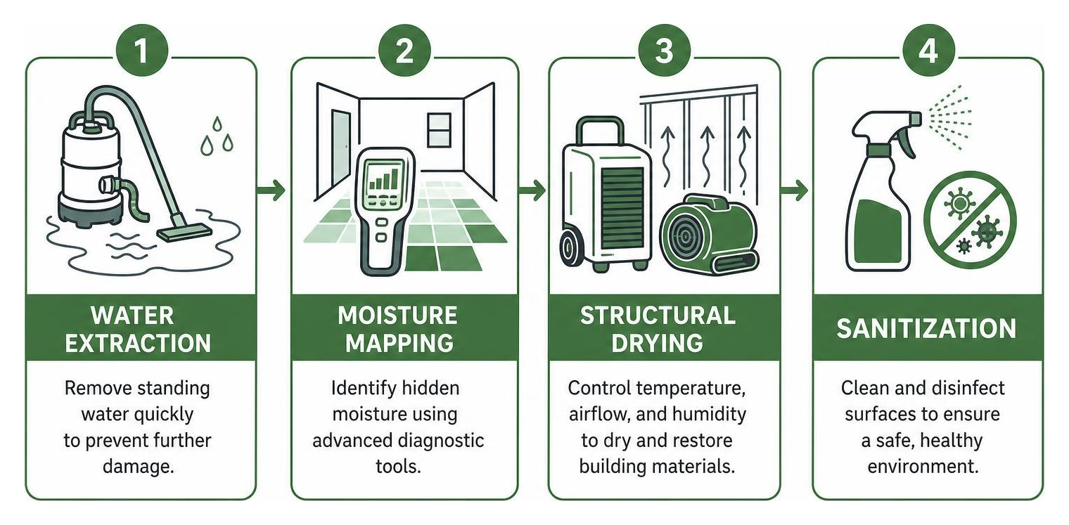 Step-by-step emergency water extraction, moisture mapping, structural drying, and sanitization
