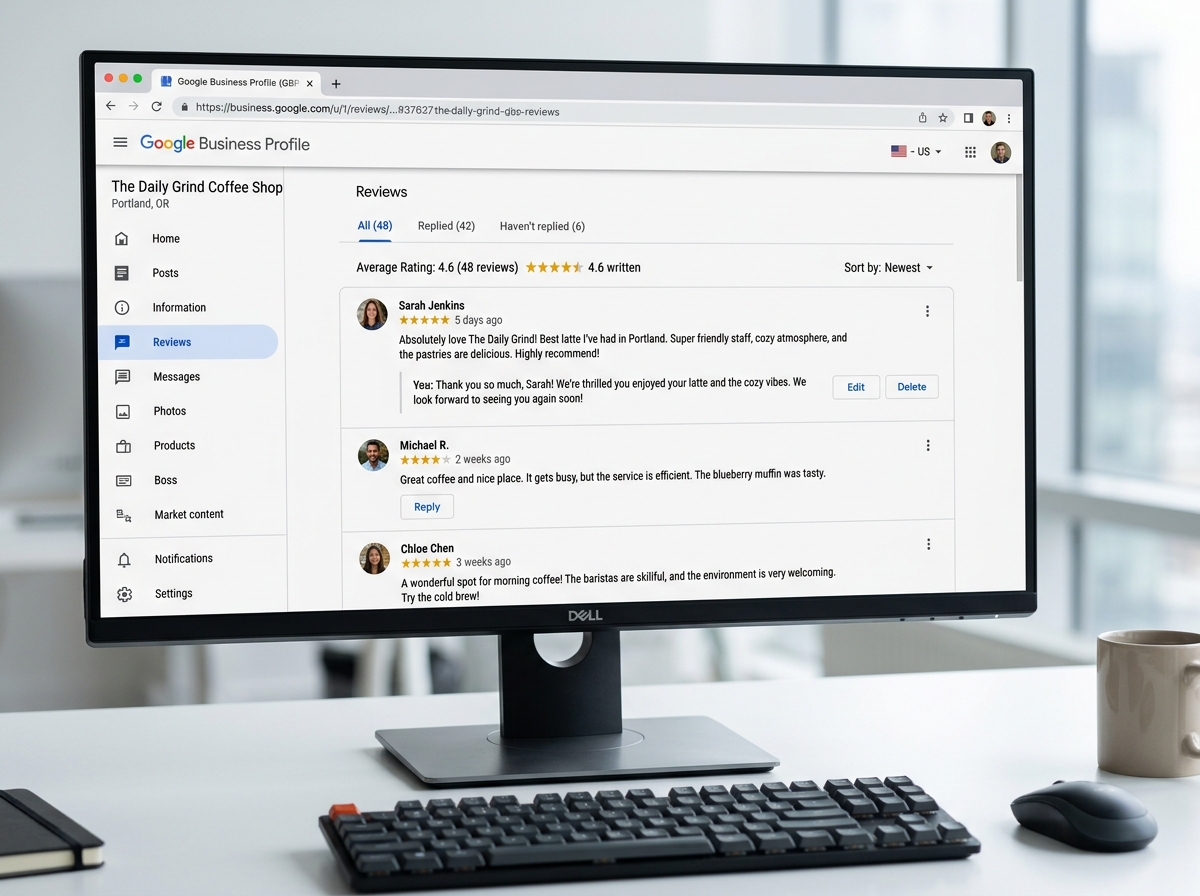 Google Business Profile dashboard showing review management section - google reviews seo impact
