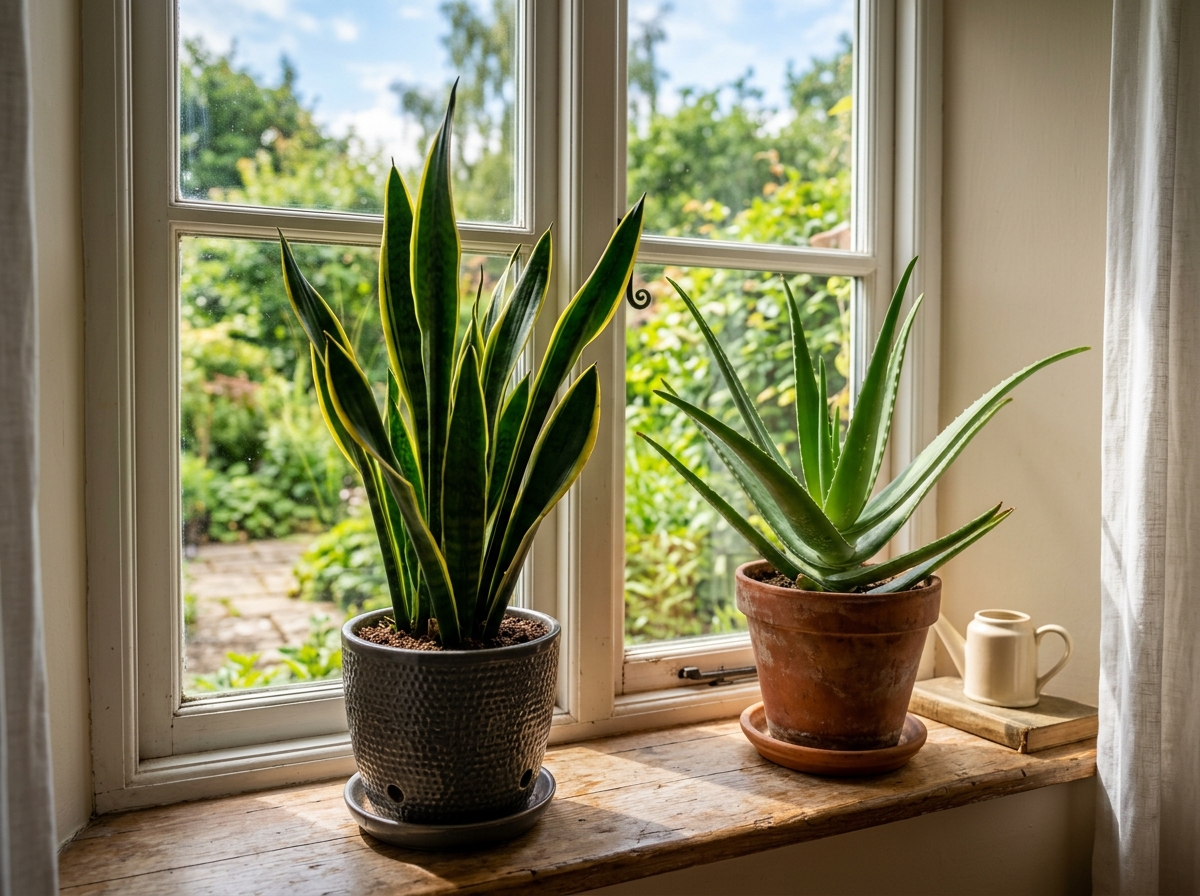 Snake Plant and Aloe Vera on a sunny windowsill - do succulents clean the air