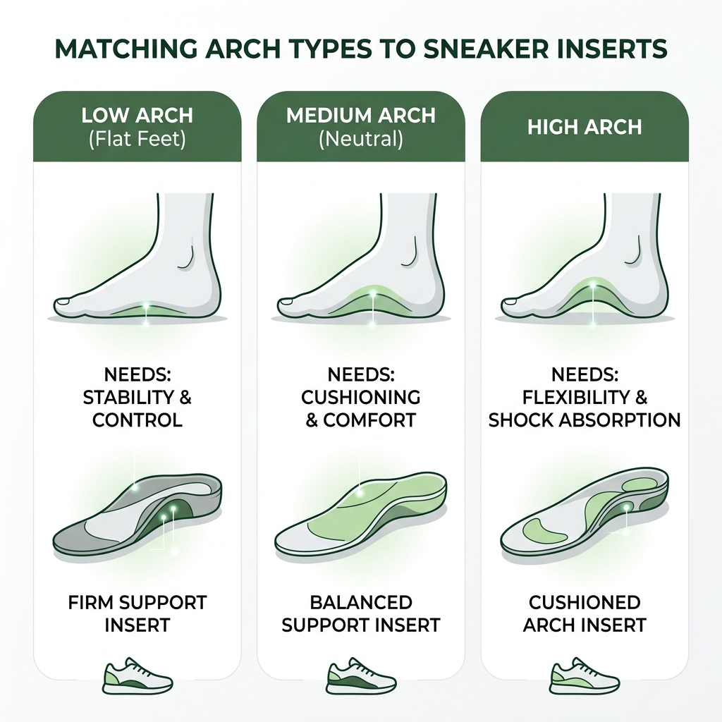 infographic showing arch types low medium high and matching insert types for sneakers - arch support inserts for sneakers