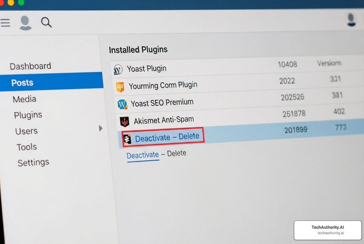 WordPress dashboard showing 'Deactivate' and 'Delete' links under a plugin - Remove unused plugins WordPress WordPress dashboard showing 'Deactivate' and 'Delete' links under a plugin - Remove unused plugins WordPress