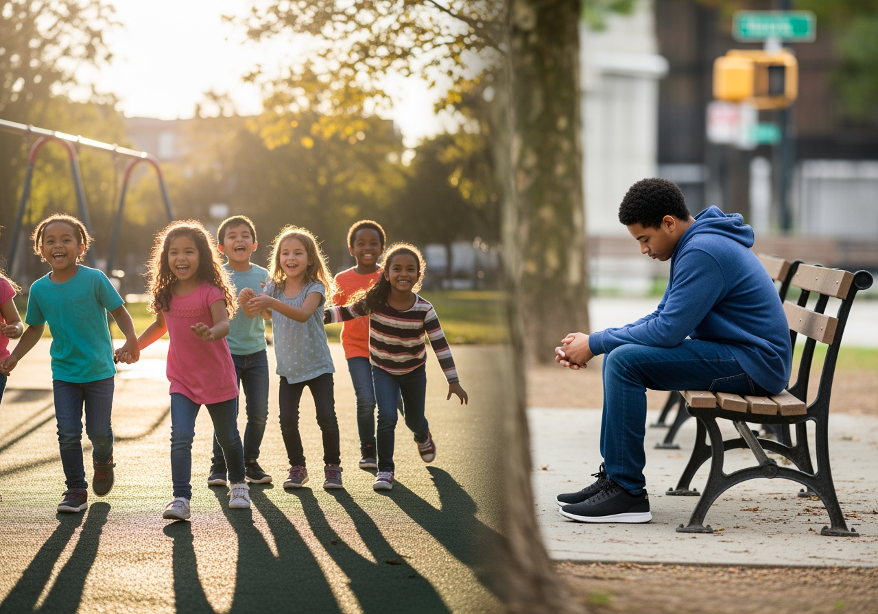 younger child playing happily with new friends vs. a teenager looking isolated - expat teens mental health