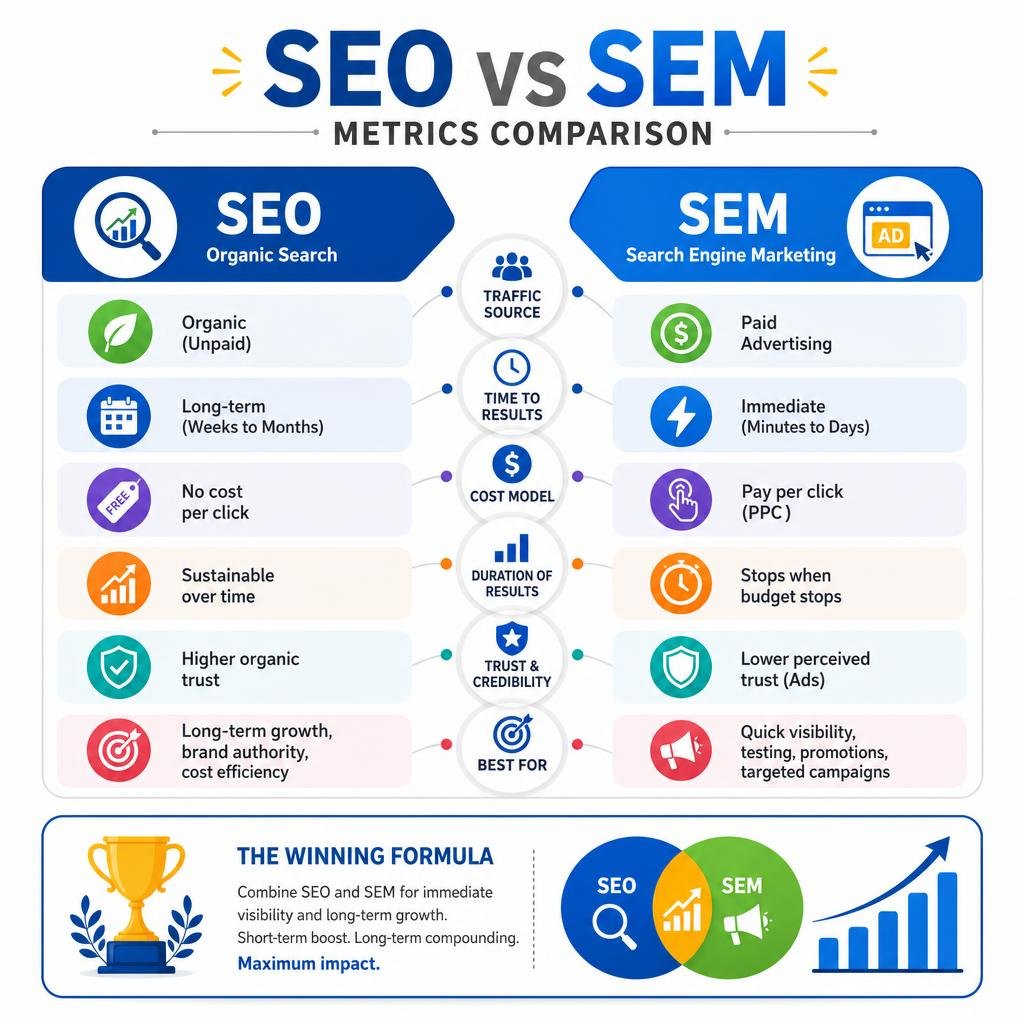 Comparison of SEO and SEM Metrics infographic