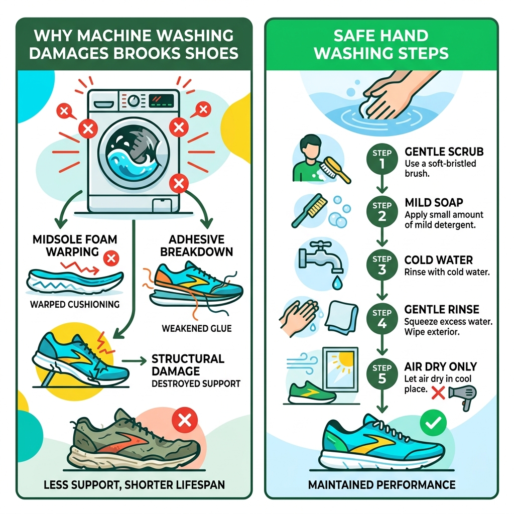 Infographic showing why machine washing damages Brooks shoes vs safe hand washing steps - can you wash brooks tennis shoes Infographic showing why machine washing damages Brooks shoes vs safe hand washing steps - can you wash brooks tennis shoes