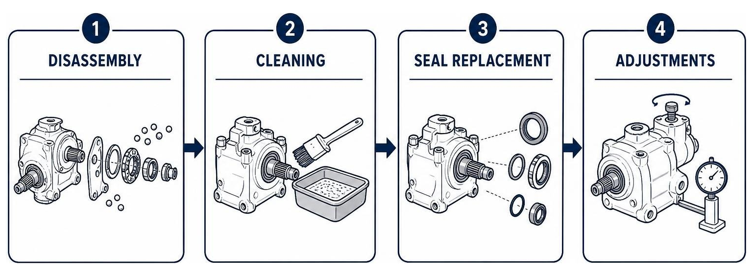 Process flow of a steering gearbox rebuild: disassembly, cleaning, seal replacement, adjustments