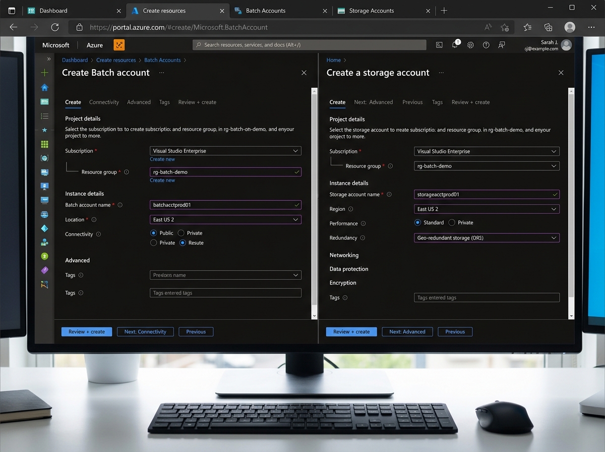 Azure Portal interface showing Batch account and Storage account creation - nextflow azure Azure Portal interface showing Batch account and Storage account creation - nextflow azure