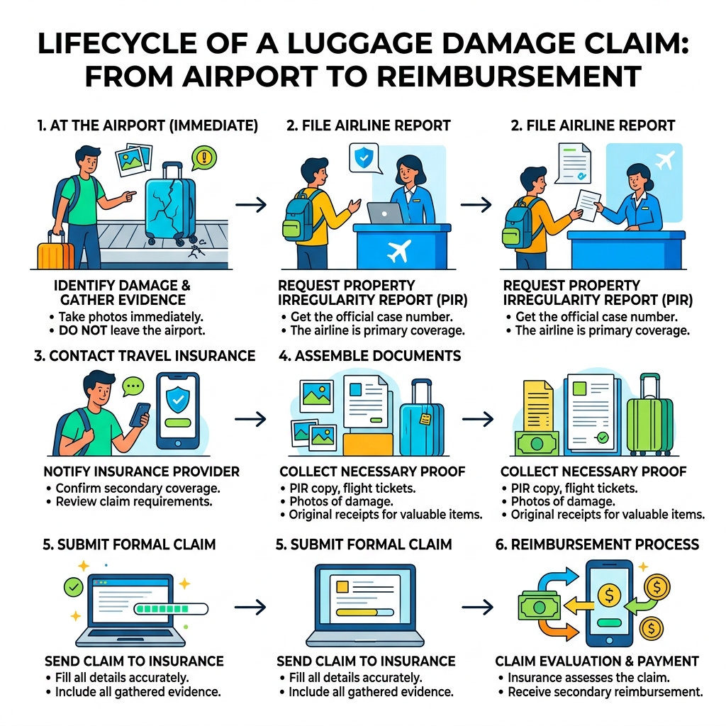 Lifecycle of a luggage damage claim from airport to reimbursement infographic - travel insurance luggage damage infographic 