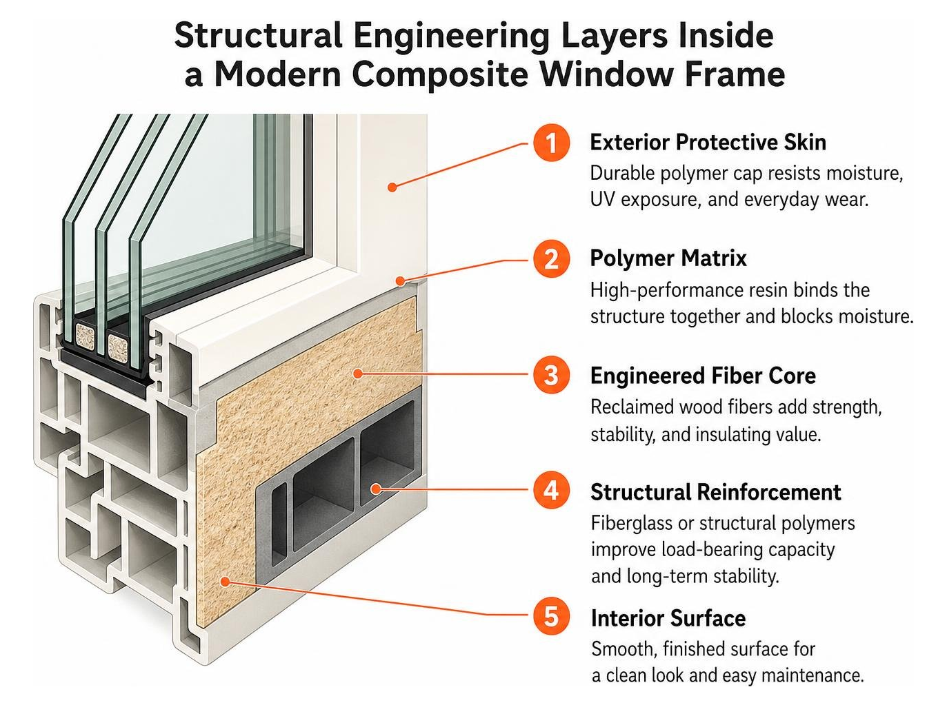 Structural engineering layers inside a modern composite window frame