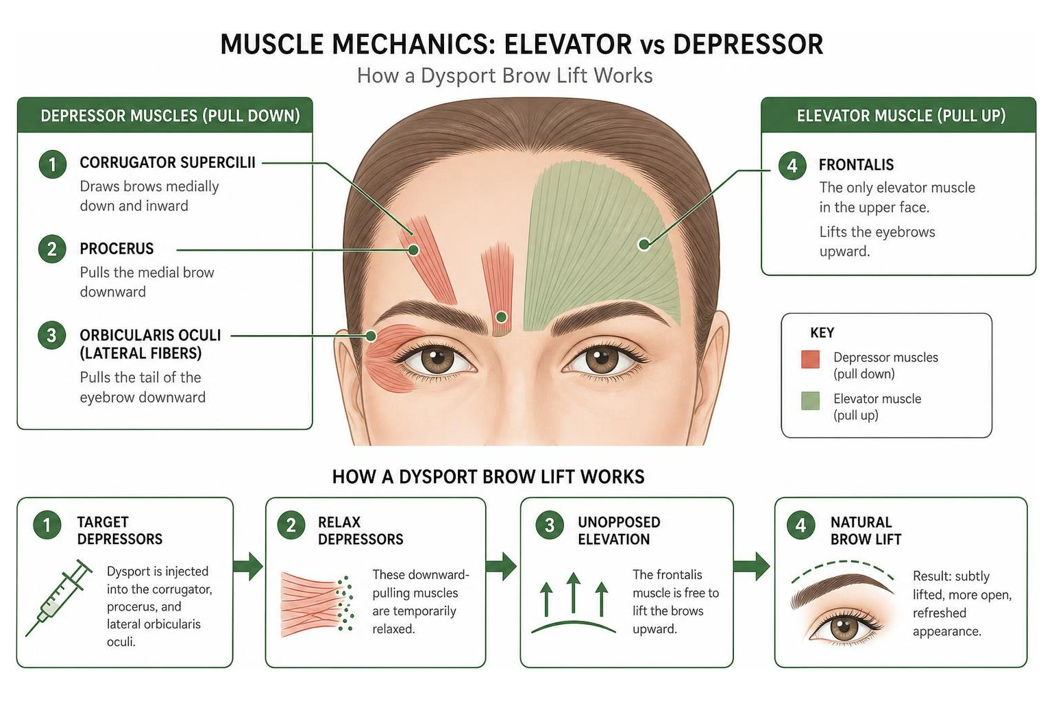 Diagram showing muscle mechanics of elevator vs depressor facial muscles Diagram showing muscle mechanics of elevator vs depressor facial muscles