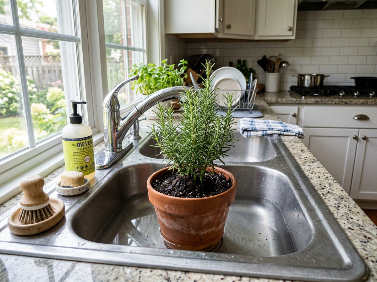 soaking a potted herb plant in a kitchen sink basin to rehydrate soil - fix droopy herb stems soaking a potted herb plant in a kitchen sink basin to rehydrate soil - fix droopy herb stems