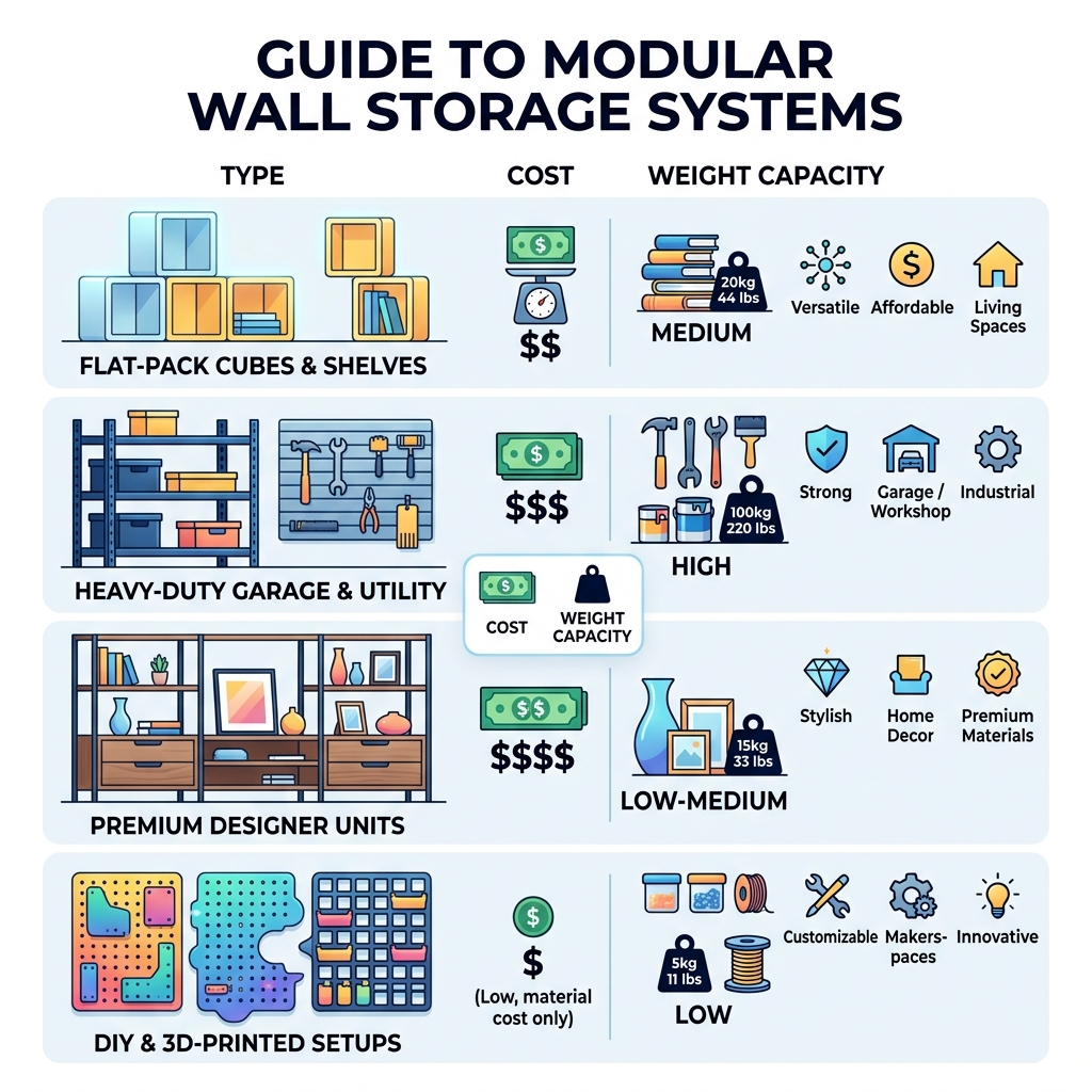 Comparison infographic of modular wall mounted storage systems by type, cost, and weight capacity - modular wall mounted Comparison infographic of modular wall mounted storage systems by type, cost, and weight capacity - modular wall mounted