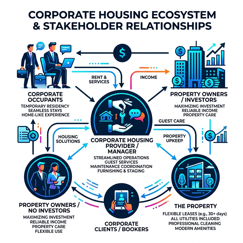 Infographic explaining the corporate housing ecosystem and stakeholder relationships - property management and corporate